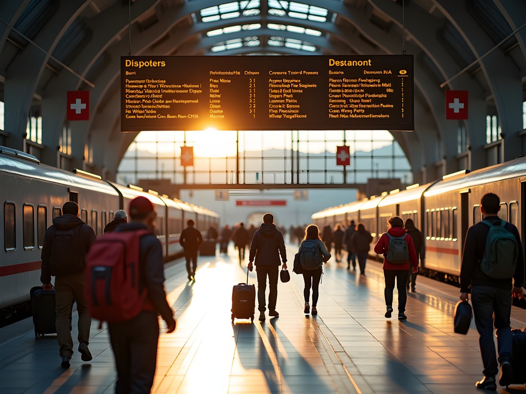Bern railway station with mountain-bound trains and information boards