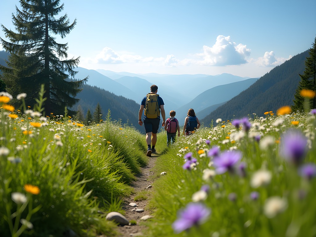 Family hiking through Alpine meadows in Gantrisch Nature Park with distant mountains