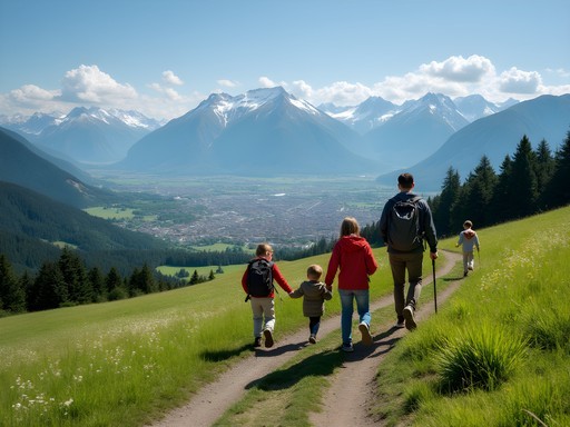 Family hiking on Gurten hill with panoramic views of Bern and distant Alps