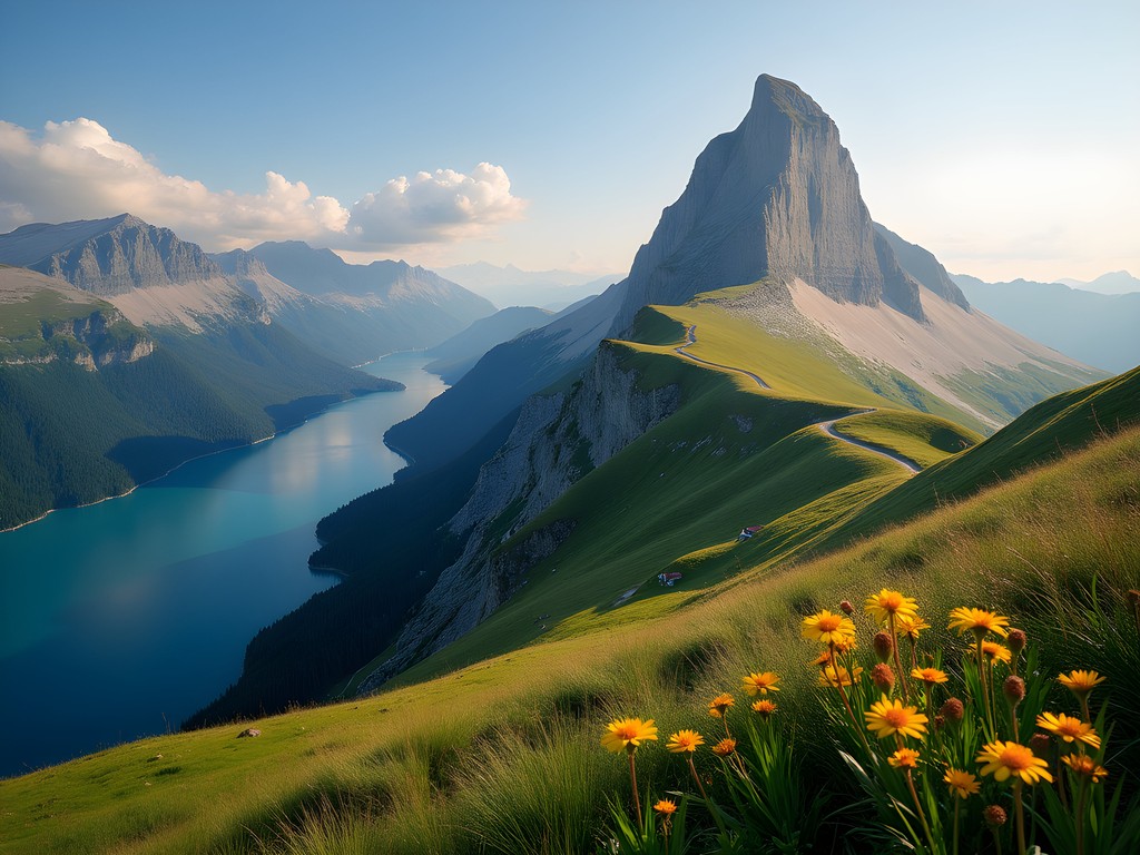 Niesen mountain pyramid shape with hiking trail and Lake Thun views