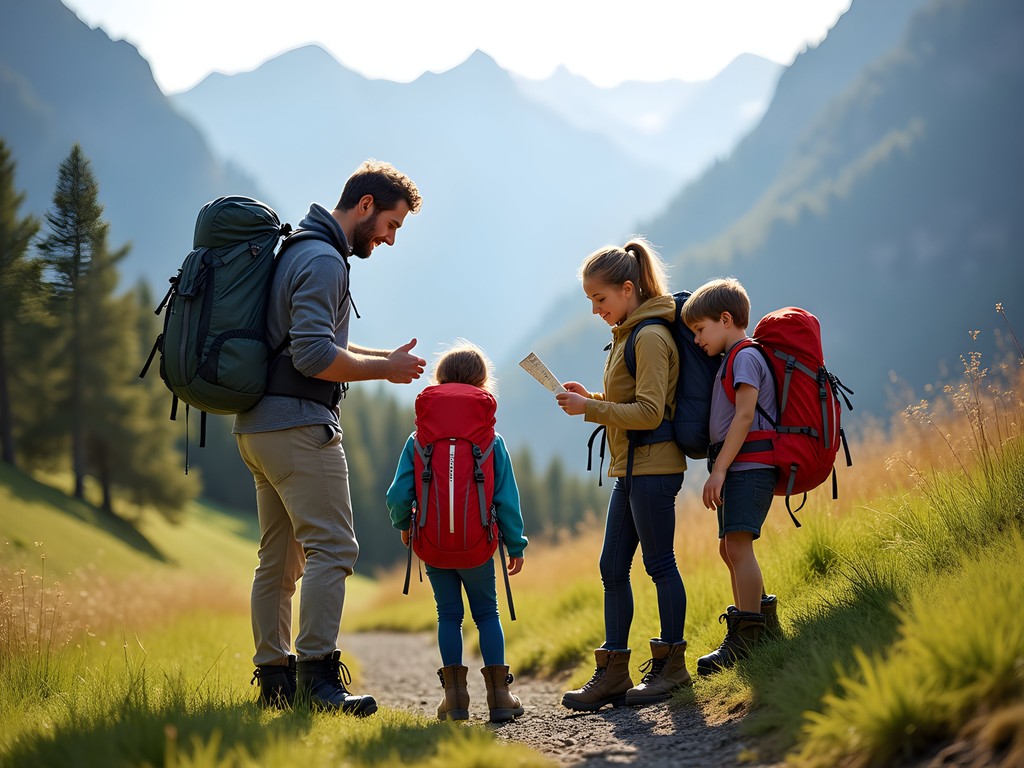 Family preparing hiking gear with Swiss Alps in background