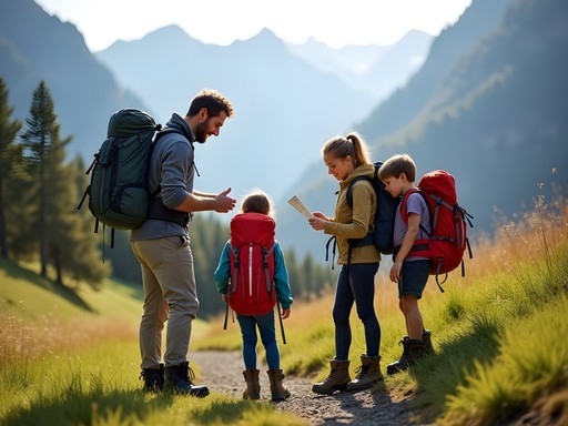 Family preparing hiking gear with Swiss Alps in background