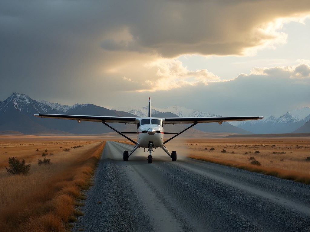 Small bush plane landing on remote Alaskan tundra airstrip near Bethel