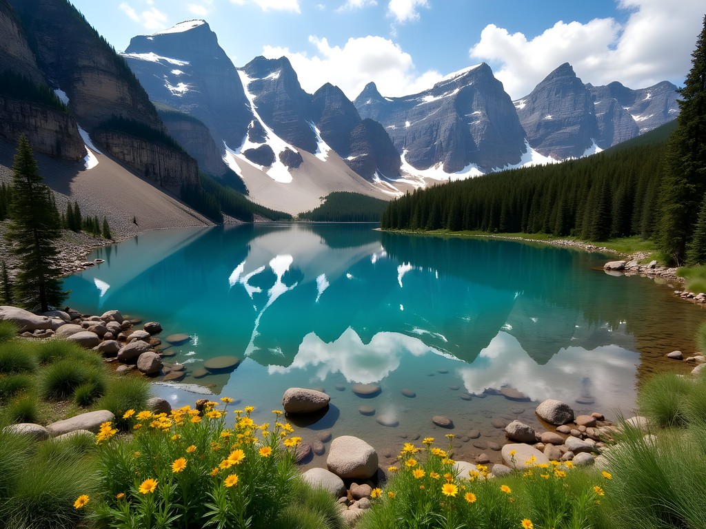 Crystal clear alpine lake surrounded by towering granite peaks in the Absaroka-Beartooth Wilderness