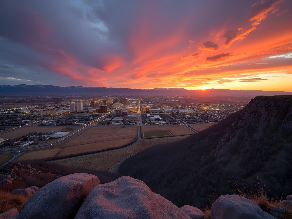 Panoramic view of Billings at sunset from the Rimrocks with mountain ranges visible in the distance