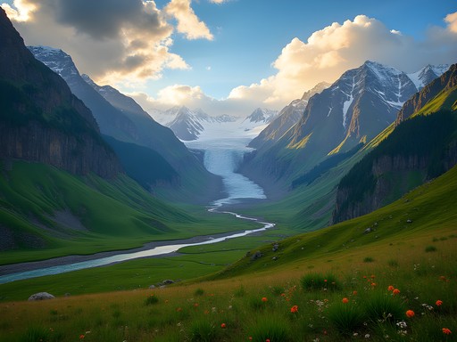 Dramatic glacial valley in Ala Archa National Park with snow-capped peaks and alpine meadows