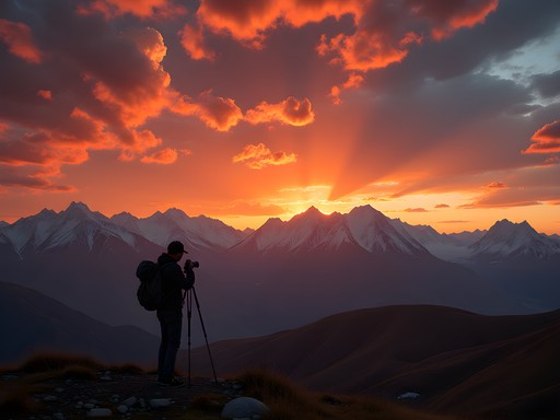 Photographer capturing sunset light on the dramatic Ala-Too mountain range in Kyrgyzstan