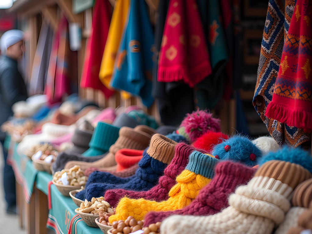 Colorful display of outdoor equipment and local food supplies at Osh Bazaar in Bishkek