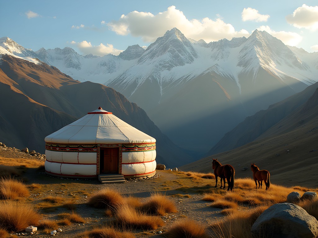 Traditional Kyrgyz yurt against dramatic mountain backdrop at Kegety Pass with grazing horses