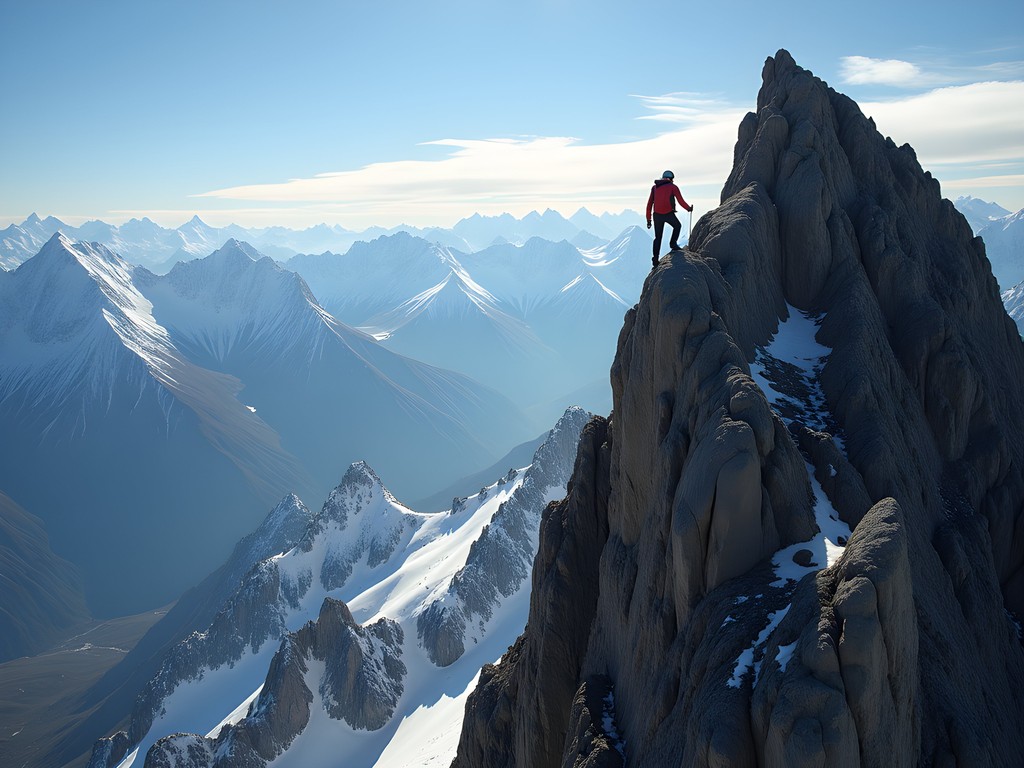 Climber on the dramatic summit ridge of Komsomolets Peak with panoramic views of the Tian Shan mountain range