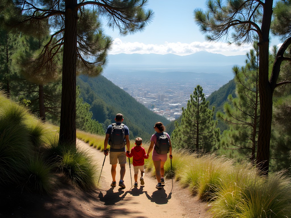 Families enjoying the gentle trails of Cerro de La Cruz with Bogota in background