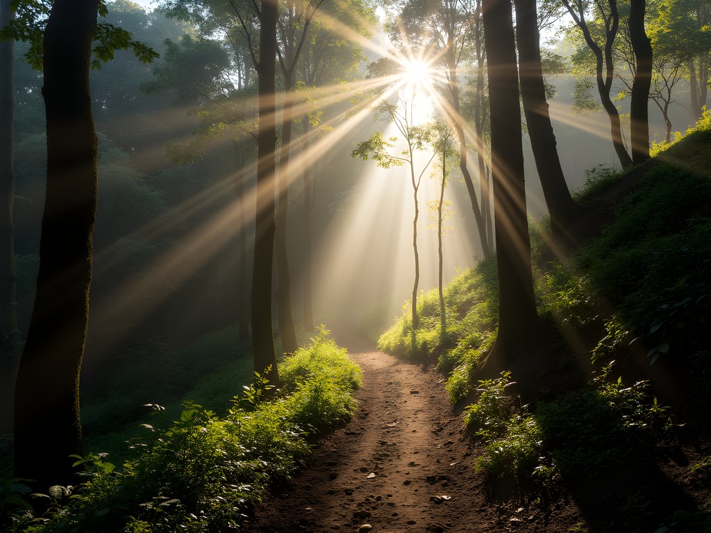 Lush forest trail on Quebrada La Vieja with morning light filtering through trees