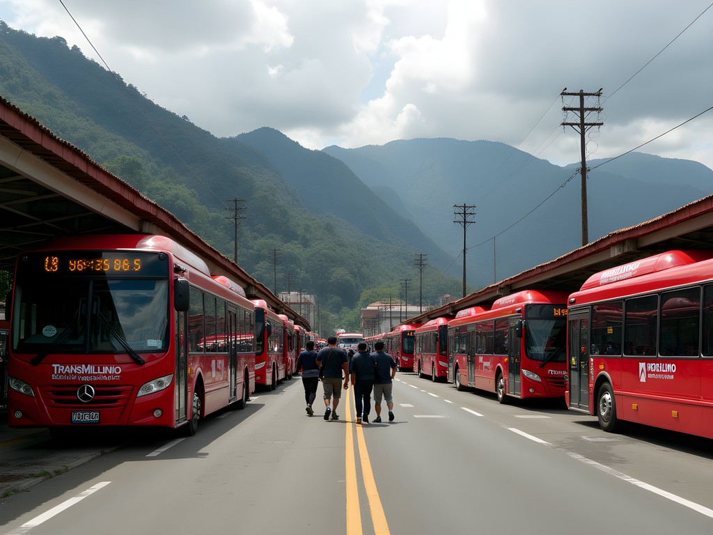 TransMilenio bus station in Bogota with mountains visible in background