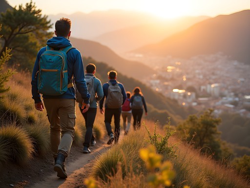 Early morning hikers on mountain trail above Bogotá with city view in background