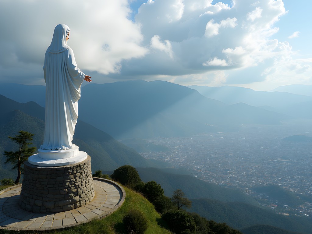 White statue of Virgin Mary on Cerro de Guadalupe with panoramic view of Bogotá and Andean mountains