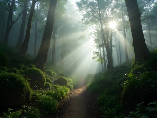 Misty forest trail in Quebrada La Vieja with morning light filtering through trees