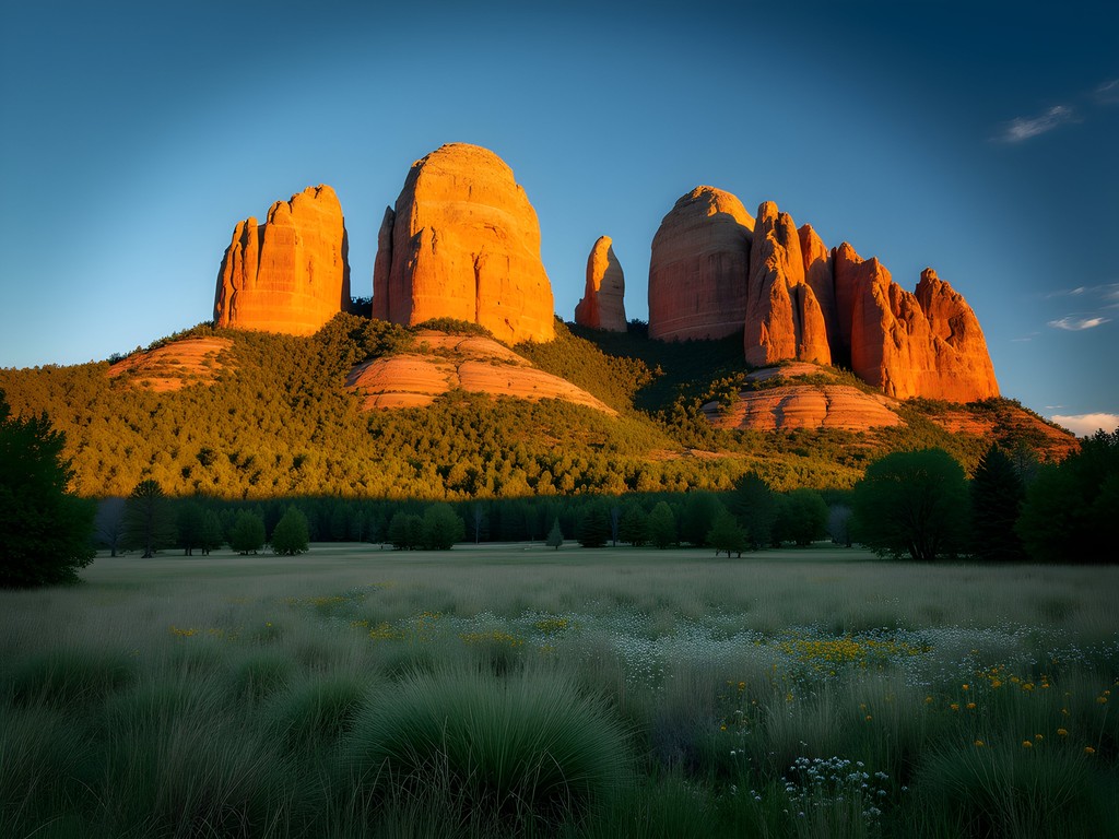 Flatirons at golden hour with wildflower meadow foreground in Chautauqua Park