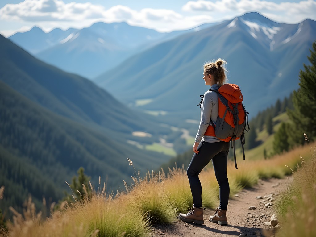Solo female hiker on Boulder mountain trail looking at mountain vista
