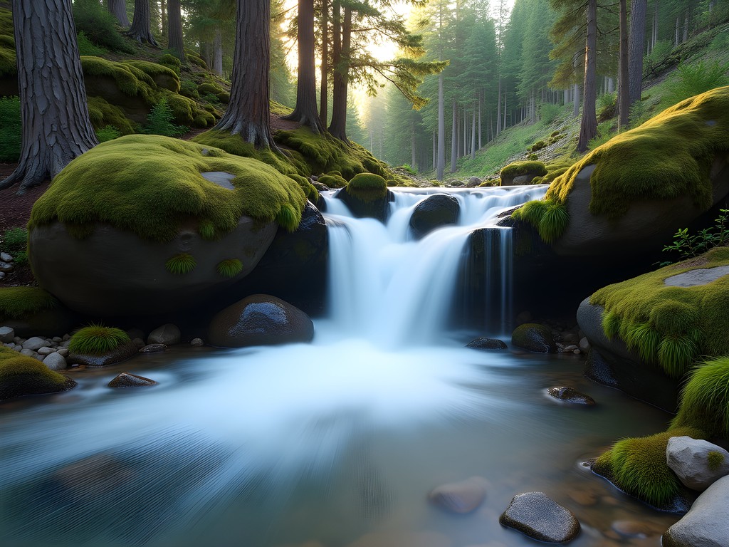 Waterfall cascading along Hyalite Creek Trail with hiker for scale