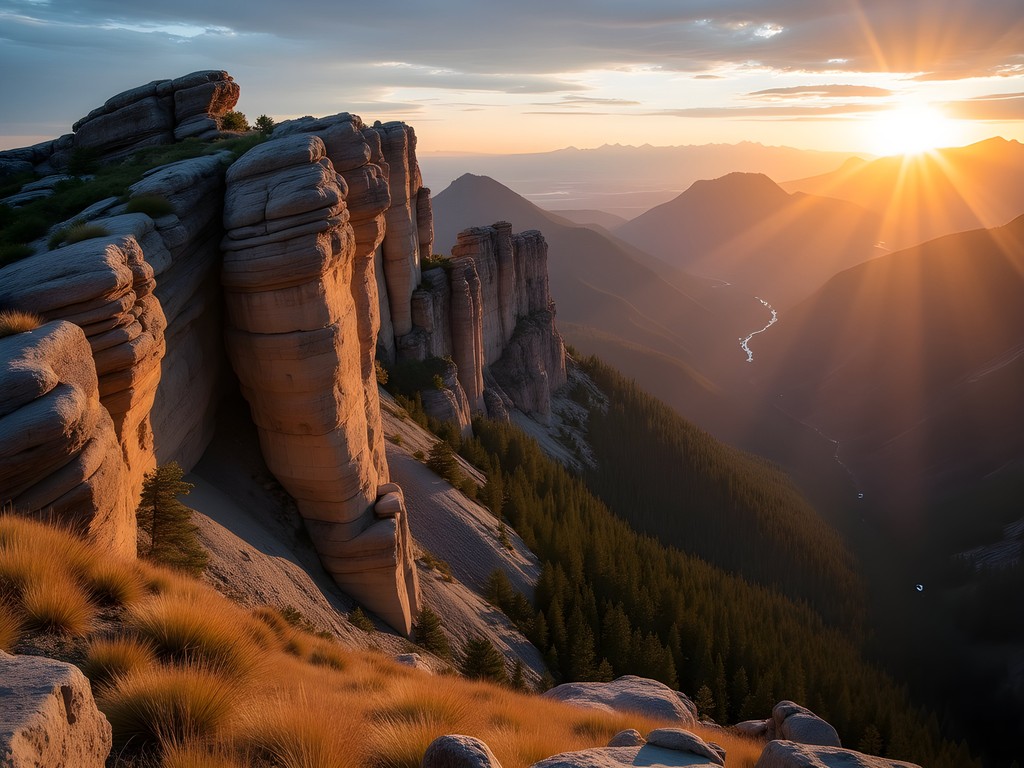 Golden sunrise light illuminating Storm Castle Peak with Gallatin Canyon below