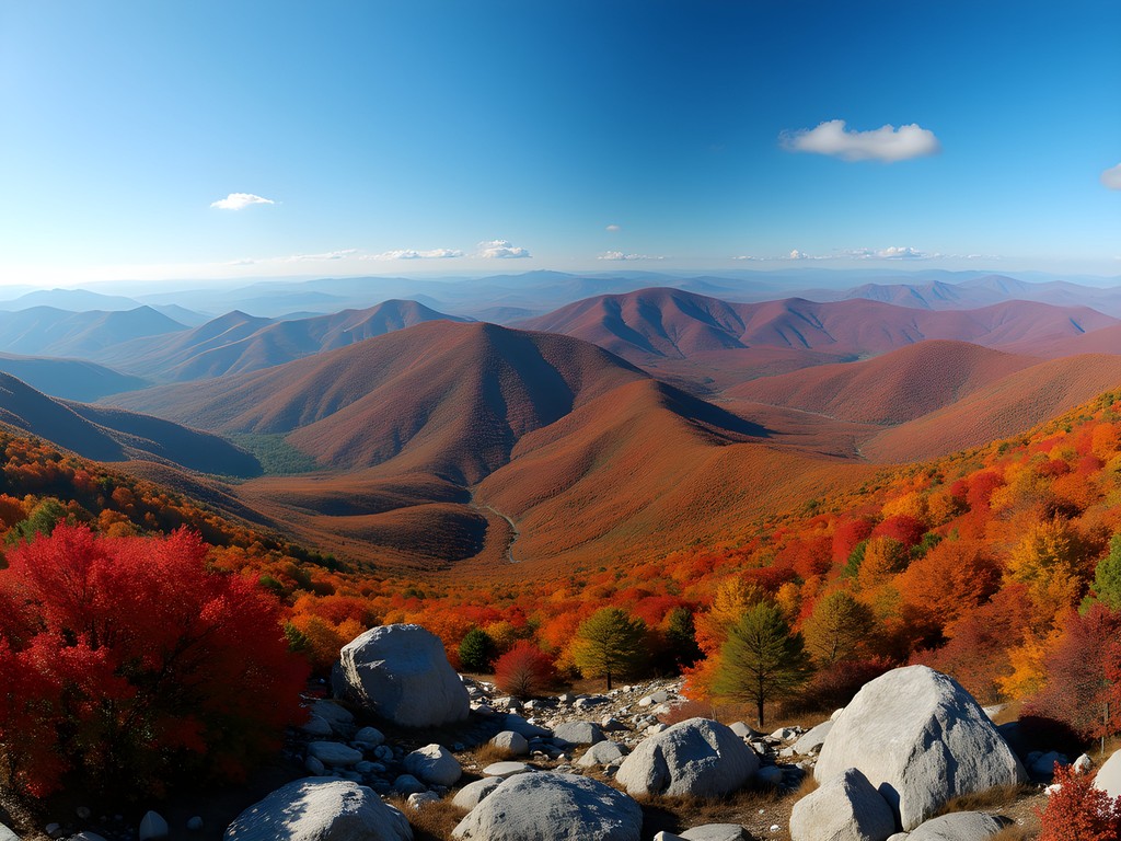 Panoramic view from Camel's Hump summit showing autumn foliage across Green Mountains