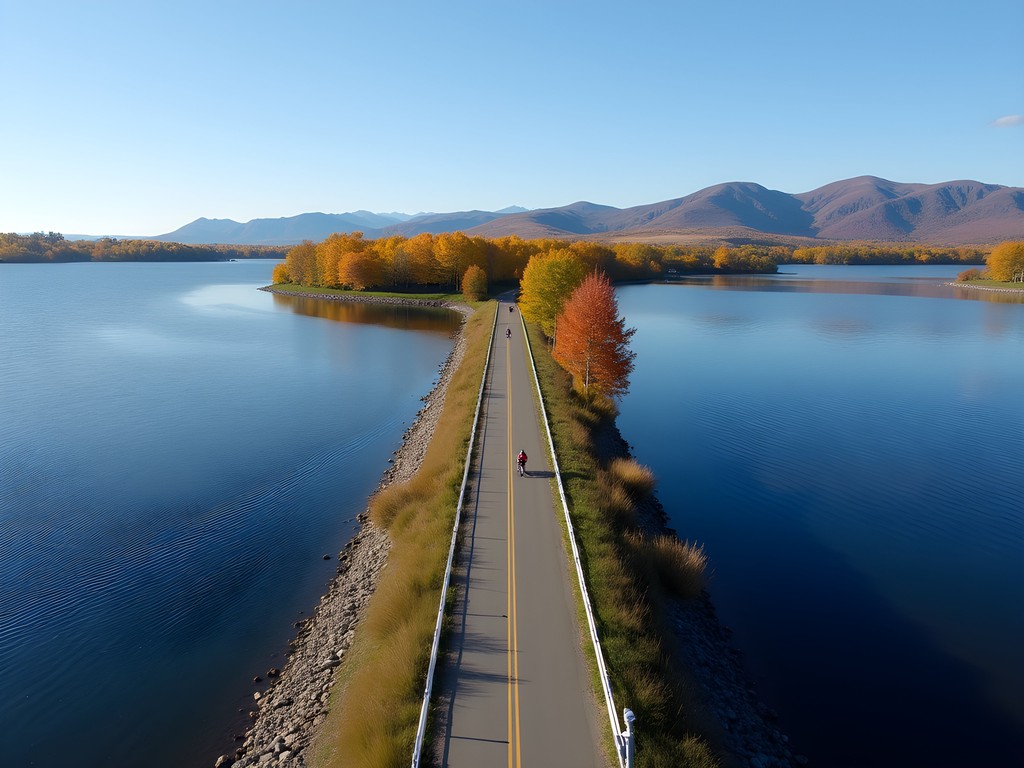 Island Line Trail causeway extending across Lake Champlain with mountains in background