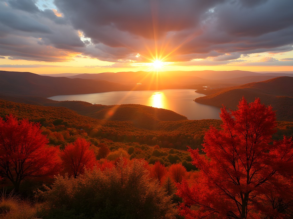 Golden sunset over Lake Champlain viewed from Mount Philo with fall foliage in foreground