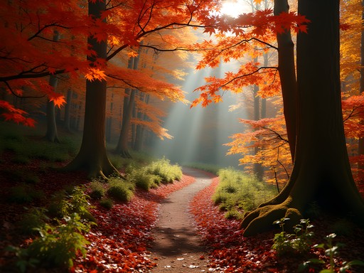 Hiking trail through vibrant autumn forest in Green Mountains with sunlight filtering through leaves
