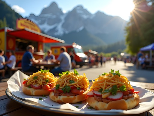 Food trucks serving customers with mountain backdrop in Banff