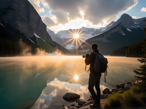 Photographer capturing sunrise at Moraine Lake in Banff National Park