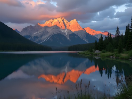 Mount Rundle reflected in Vermilion Lakes at sunset