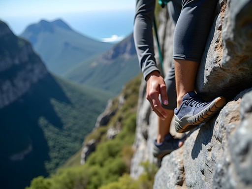 Technical scrambling section on the Corridor Buttress route with dramatic cliff exposure