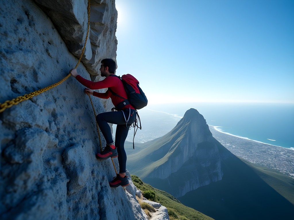 Hiker navigating a challenging rock scramble section on the India Venster route with Cape Town visible below