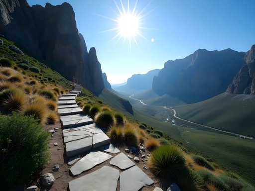 Hikers ascending the zigzagging stone steps of Platteklip Gorge on Table Mountain