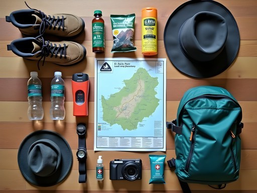 Essential hiking gear laid out for El Ávila trek including water, map, and safety equipment