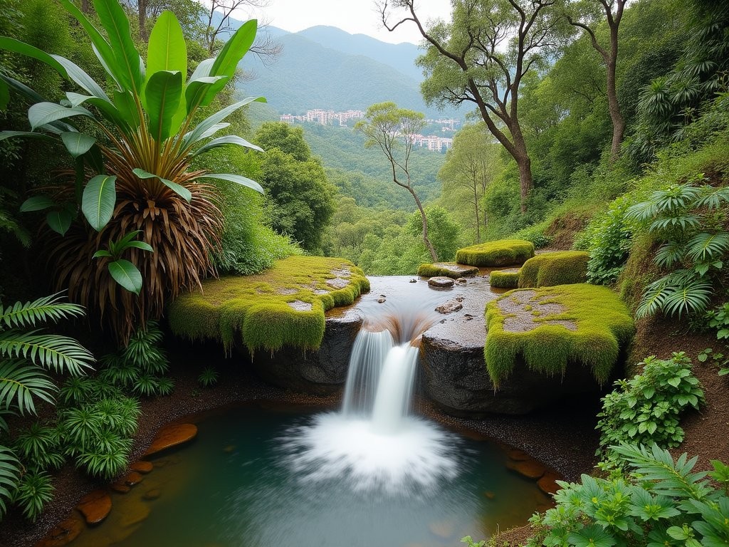 Small waterfall in El Ávila's cloud forest with Caracas visible in distance