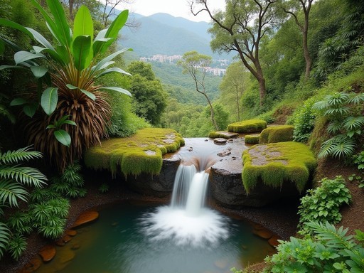 Small waterfall in El Ávila's cloud forest with Caracas visible in distance