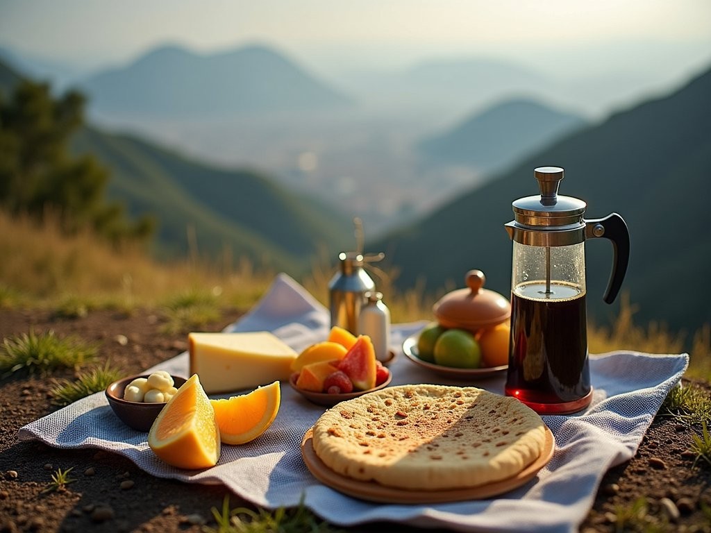 Picnic spread with Venezuelan arepas, cheese, and fruit with El Ávila mountain views