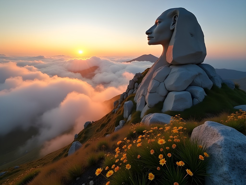 The Sphinx rock formation in Bucegi Mountains at sunrise with mist in valleys below