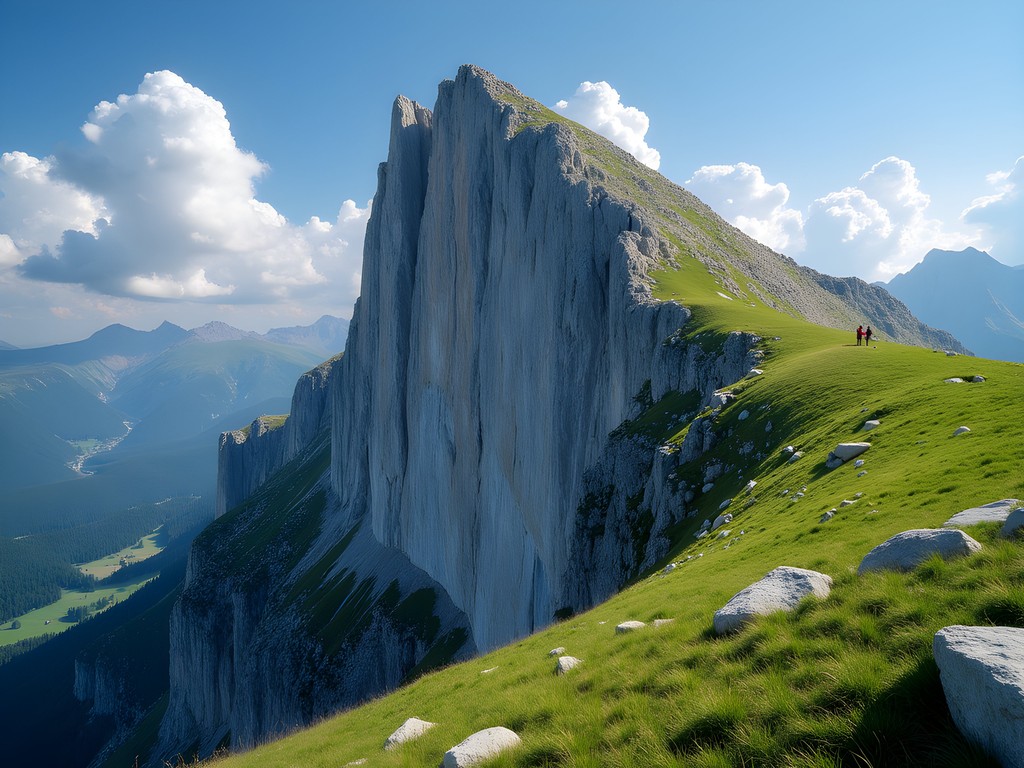 The dramatic limestone ridge of Piatra Craiului with hikers for scale
