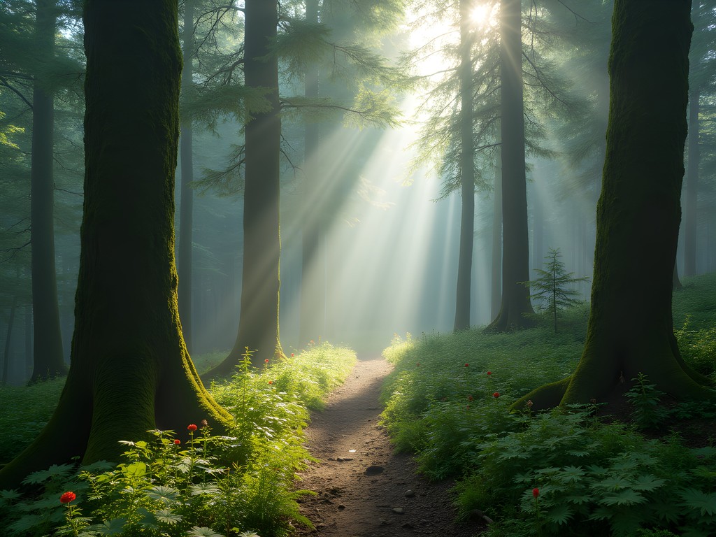 Sunlight filtering through misty Carpathian forest on Postavaru mountain trail