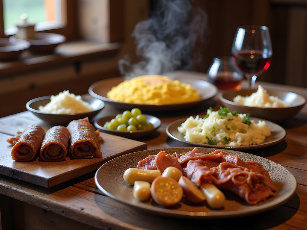 Traditional Romanian mountain meal with polenta, cheese, and sarmale after hiking