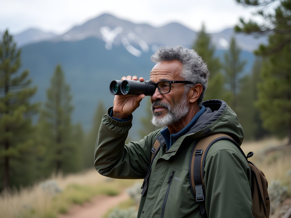 Travel blogger Benjamin Smith hiking Kings Canyon Trail with binoculars