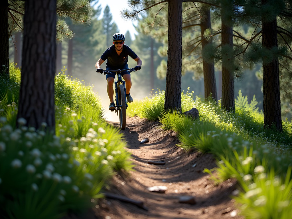 Mountain biker navigating a forested single-track trail on Casper Mountain