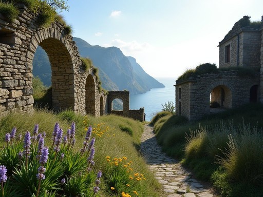 Stone ruins of the abandoned village of Lemmen above Cinque Terre with wildflowers growing among collapsed buildings
