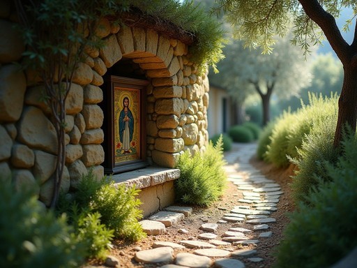 Weathered stone shrine on the secret pilgrimage path to Madonna di Reggio sanctuary