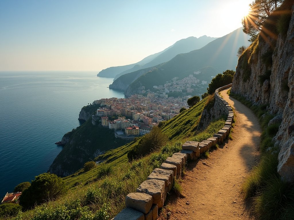 Panoramic view from Trail 506 showing terraced vineyards and the Mediterranean Sea
