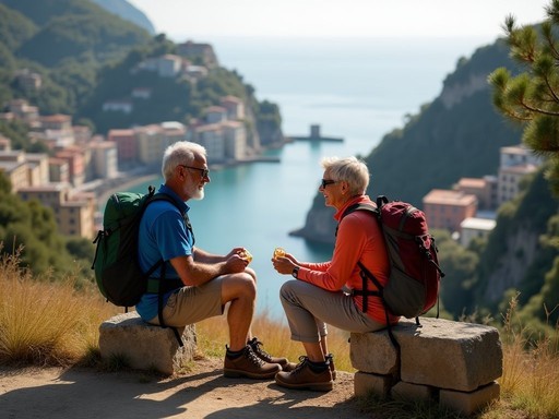 Senior hikers with proper equipment resting on stone bench overlooking Cinque Terre coastline