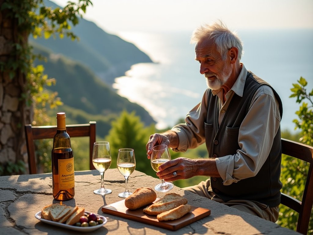 Traditional wine tasting on a terraced vineyard overlooking the Mediterranean Sea in Cinque Terre