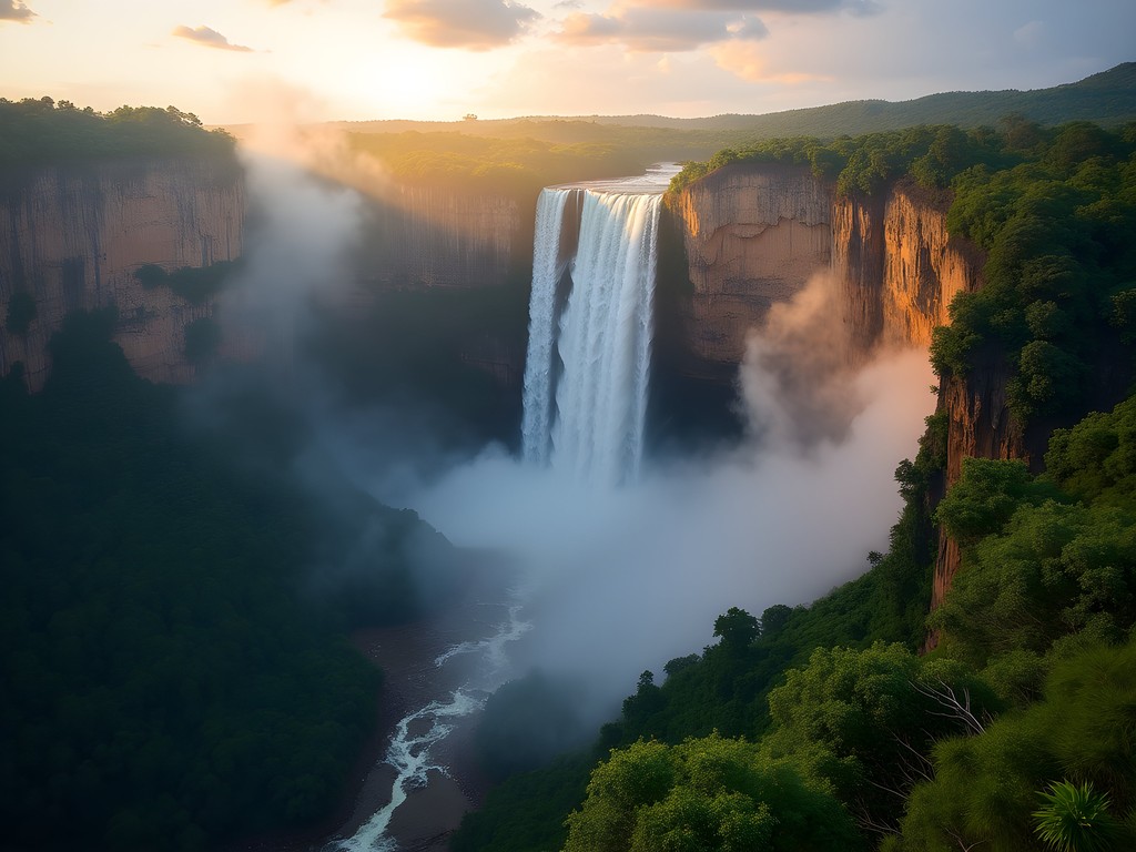 Dramatic view of Angel Falls cascading from Auyantepui through misty clouds